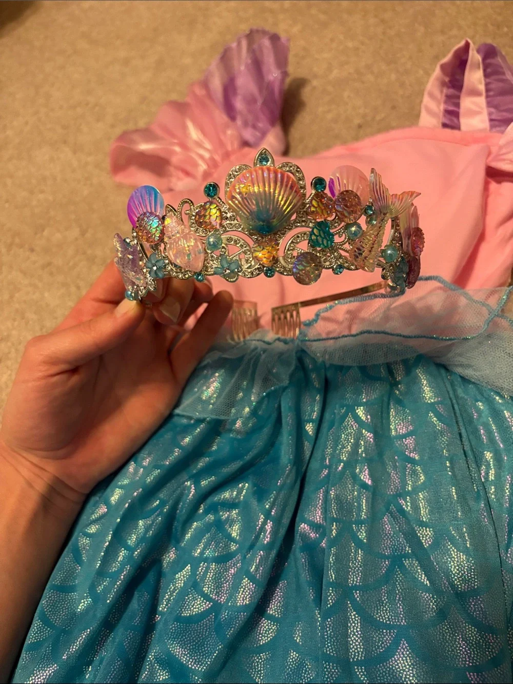 Girls Pink and Teal Mermaid Costume Dress with Crown